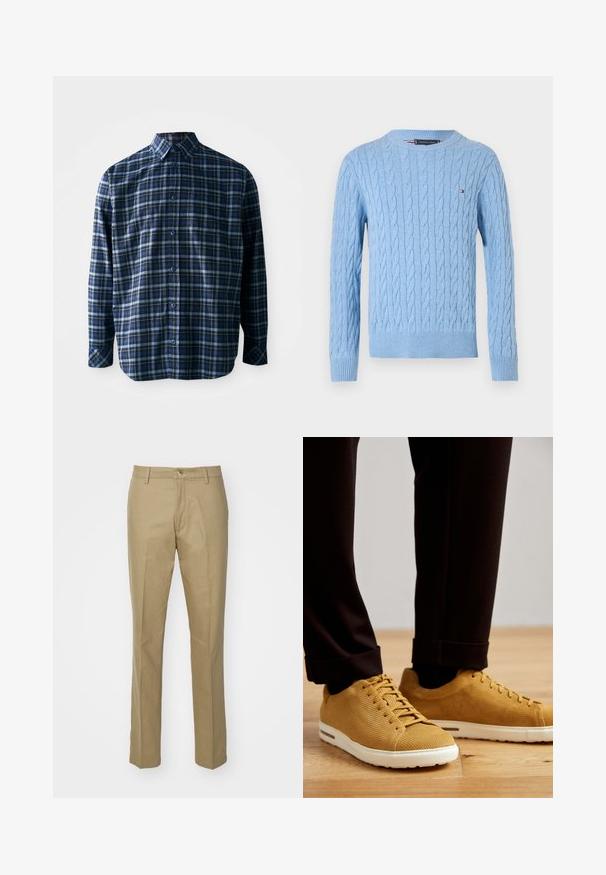 Pull en maille bleu clair avec un motif en torsades, col rond et bords-côtes aux poignets et à l'ourlet. Petit logo en accent sur la poitrine.; Chemise à carreaux bleue et noire en coton, avec un devant à boutons, des manches longues et une poche sur la poitrine. Tissu texturé.; Pantalons khaki en mélange de coton, présentant une coupe droite, des poches avant visibles, une fermeture éclair et une taille classique avec un bouton unique.; Baskets jaunes à côtes avec semelles blanches, dotées d'un bout rond, d'un design lacé et d'une surface texturée, portées avec un pantalon noir retroussé sur un sol en bois.