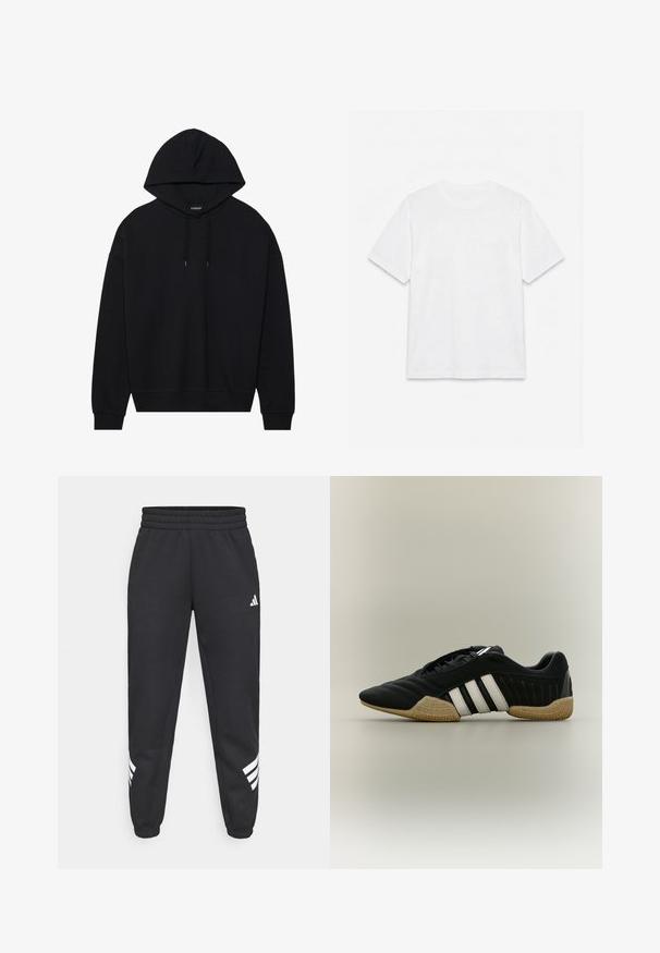 Schwarzer Kapuzenpullover aus Baumwolle mit Kordelzugverschluss, langen Ärmeln sowie gerippten Bündchen und Saum. Glatte, einfarbige Oberfläche.; Schlichtes weißes T-Shirt mit kurzen Ärmeln und Rundhalsausschnitt, flach auf weißem Hintergrund liegend.; Schwarze Jogginghose mit elastischem Bund, schmal zulaufenden Beinen und weißem Drei-Streifen-Design an den Seiten. Hergestellt aus weichem Material.; Schwarzer Sportschuh mit weißen Streifen und beiger, strukturierter Sohle auf neutralem Hintergrund, seitlich dargestellt.