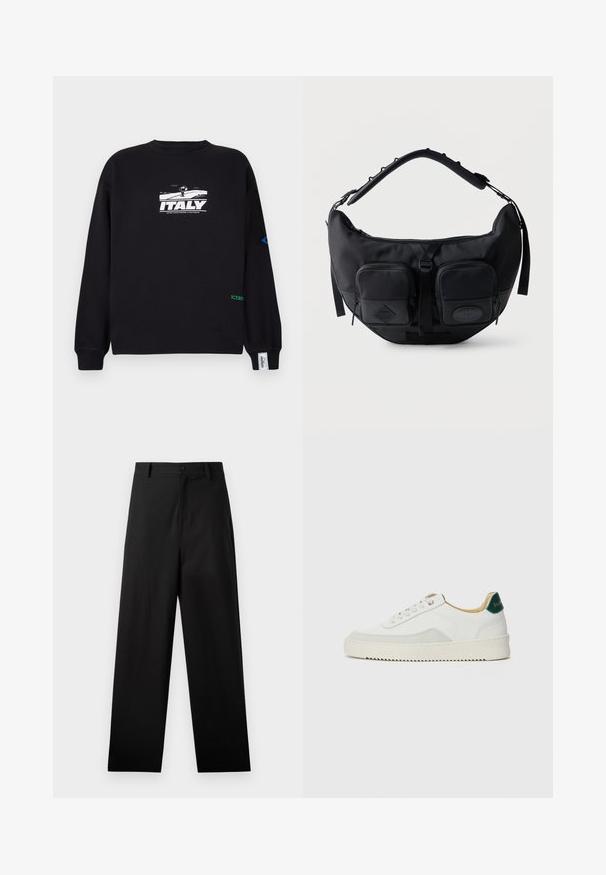 Iceberg Sweatshirt - nero; Sorte bukser lavet af bomuld med lige ben-design, der har en frontknaplukning og sidelommer. Glat tekstur, ingen mønstre.; Hvide sneakers med ruskindsdetaljer, rund tå, flade snørebånd og en cremet gummisål. Har grøn branding på hælen.; Sort skuldertaske i halvmåneform med polstret justerbar rem og to lynlåslommer foran med trækflapper.