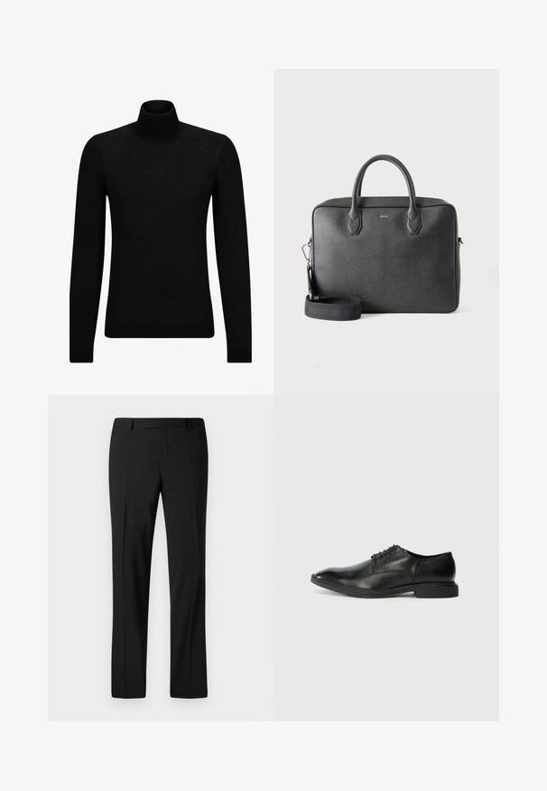 Musthave muströid ja pehmest materjalist must turtleneck, millel on pikad varrukad ja tihe istuvus. Ribaga ääris allservas ja vöökohal. Lihtne disain.; Mustad ülikonnakomplektiga püksid sirge säärega disaini ja sileda tekstuuriga, eesküljel krokodillid ja klassikaline vöökoht ametliku välimuse saavutamiseks.; Mustmust must inimesetõrva sod chose?): tornado saw confident touva valge tõevru, kuue puuri; ja madala ristkülikukujulise kontsaga. Küljes peen brändimisdetail.; Mustast nahast portfell kahe pealise käepidemega, eemaldatava õlarihmaga ja väikese BOSS logo ees keskel ühevärvilisel taustal.