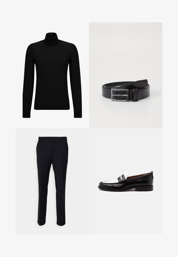 Musthave muströid ja pehmest materjalist must turtleneck, millel on pikad varrukad ja tihe istuvus. Ribaga ääris allservas ja vöökohal. Lihtne disain.; Mustad riided, mis on valmistatud kudumisest, omavad hästi istuvat lõiget, siledat esiosa, külgmisi taskuid ja sirget sääreluu kujundust.; Must-valge nahast loafer, õmmeldud detailide, madala kontsa ja libisemisdisainiga, näidatud külgvaates tavalise tausta peal.; Must must vöö, millel on sile tekstuur, hõbedane ristkülikukujuline pandla ja kahekordne nagi detail. Klassikaline ja mitmekülgne disain.
