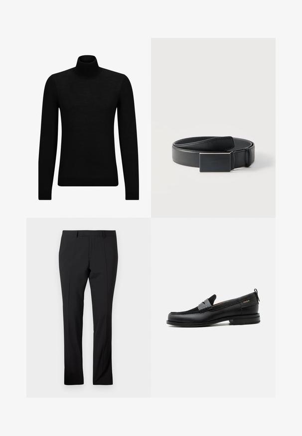 Schwarzer Rollkragenpullover aus weichem Material mit langen Ärmeln und enger Passform. Rippbesatz am Saum und an den Bündchen. Einfaches Design.; Schwarze maßgeschneiderte Hose mit Gürtelschlaufen, vorderer Bügelfalte und geradem Beinaufschnitt auf einem schlichten weißen Hintergrund.; Schwarzer Lederloafer mit grauem Riemendetail, niedrigem Absatz und strukturierter Sohle, seitlich mit „HUGO“ in Gold gebrandmarkt.; Schwarzer Ledergürtel, aufgerollt mit einer rechteckigen mattschwarzen Schnalle und dezent geprägt mit Logo auf weißem Hintergrund.