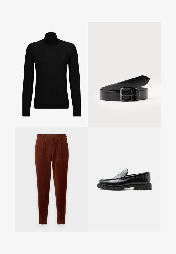 Sort turtleneck sweater lavet af blødt materiale, med lange ærmer og en tætsiddende pasform. Ribbet trim ved kanten og manchetter. Simpelt design.; Brune corduroy bukser med lige pasform, featuring frontfolder, to sidelommer og en glat tekstur. Velegnet til afslappet brug.; Sort læderloafer med chunky gummisål, syet overdel og præget mærkenavn på hælen, vist i sideprofil på hvid baggrund.; Sort læderbælte rullet med en sort metalspænde, sat mod en ensartet lys baggrund.