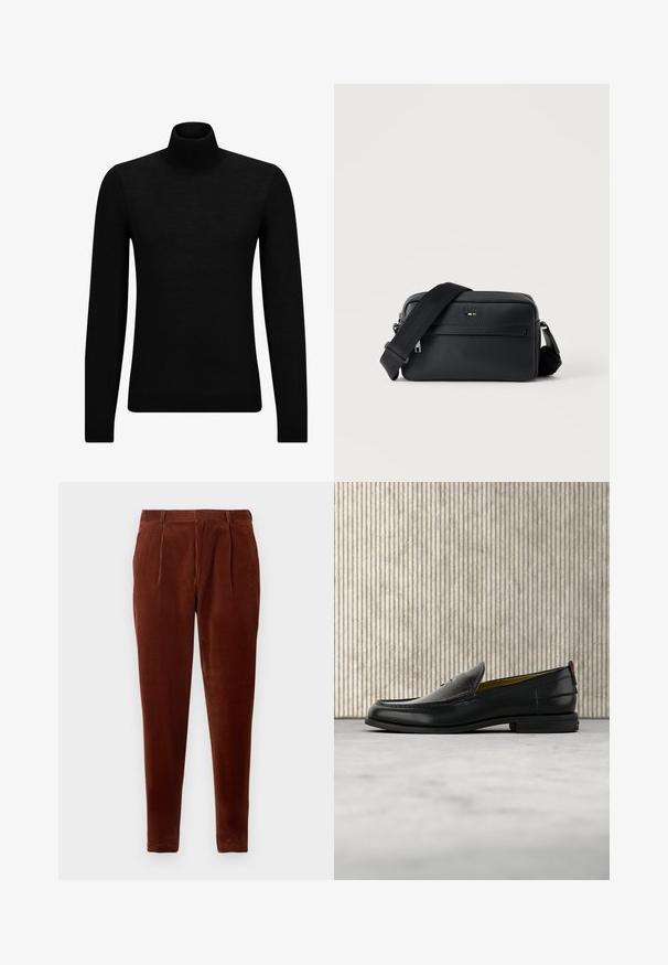 Schwarzer Rollkragenpullover aus weichem Material mit langen Ärmeln und enger Passform. Rippbesatz am Saum und an den Bündchen. Einfaches Design.; Braune Cordhosen mit geradem Schnitt, Frontfalten, zwei Seiten Taschen und einer glatten Textur. Geeignet für die Freizeit.; Schwarzer Herren-Slipper aus Leder mit einer krokogeprägten Vorderkappe und einem niedrigen Absatz, im Profil vor neutralem Hintergrund gezeigt.; Schwarze, strukturierte Leder-Crossbody-Tasche mit vorderer Reißverschlusstasche und verstellbarem breitem Stoff-Schulterriemen auf weißem Hintergrund.