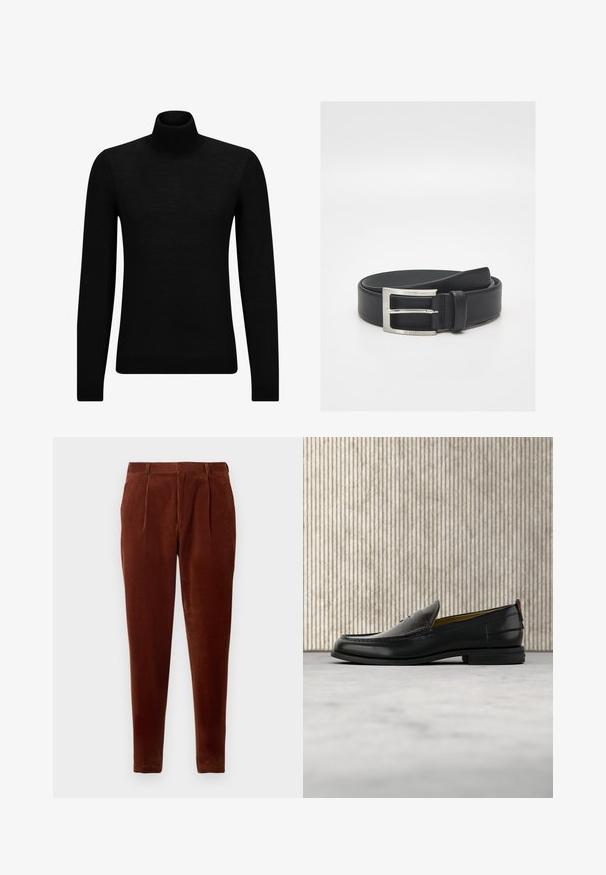 Schwarzer Rollkragenpullover aus weichem Material mit langen Ärmeln und enger Passform. Rippbesatz am Saum und an den Bündchen. Einfaches Design.; Braune Cordhosen mit geradem Schnitt, Frontfalten, zwei Seiten Taschen und einer glatten Textur. Geeignet für die Freizeit.; Schwarzer Herren-Slipper aus Leder mit einer krokogeprägten Vorderkappe und einem niedrigen Absatz, im Profil vor neutralem Hintergrund gezeigt.; Schwarzer Ledergürtel mit silberner rechteckiger Schnalle, mit "BOSS" graviert, ordentlich aufgerollt auf weißem Hintergrund.