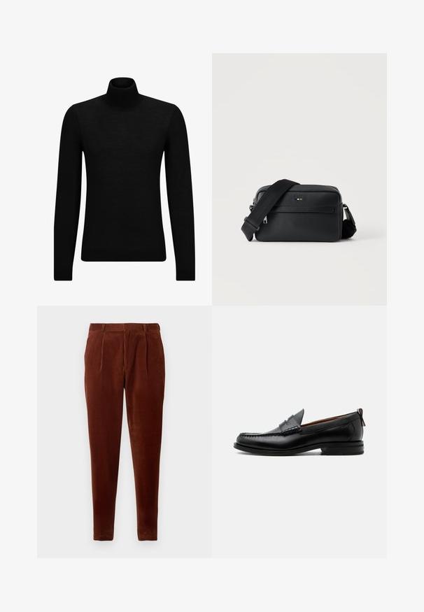 Musthave muströid ja pehmest materjalist must turtleneck, millel on pikad varrukad ja tihe istuvus. Ribaga ääris allservas ja vöökohal. Lihtne disain.; Prunakasest kangast sirge lõikega püksid, millel on ees voldid, kaks külgtaskut ja sile tekstuur. Sobib igapäevaseks kandmiseks.; Mustast nahast meeste mokasiin, millel on moc varbaõmblus, penny rihm, tekstuuriga krae ja madal virnastatud konts valgel taustal.; Mustast tekstuuriga nahast ristkere kott esiküljel lukuga tasku ja reguleeritava laia kangast õlarihmaga valgel taustal.
