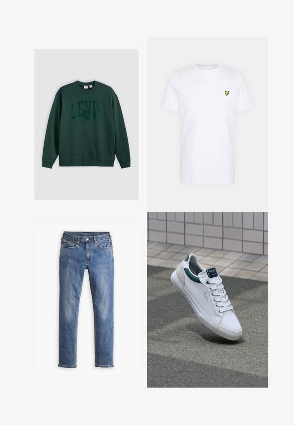Tumedat rohelised puuvillased dressid, millel on suurem 3D-tekstiiliga "LEVI'S" logo keskel ees, ribiga mansetid ja alus.; Valge puuvillane T-särk, millel on vasakus rinnas väike must ja kollane tikandlogoga. Lühikesed varrukad ja ümmargune kaelus.; Sinine kitsas lõikega teksapaar viie taskuga ja nööpidega sulgemisega, näidates kerget pleekimist reitel ja põlvedel, esitatud valgel taustal.; Valged nahkad sneakers roheline ja beežide aktsentidega, millel on tekstureeritud tallad, ümar nina ja klassikaline nööpide seadmine.