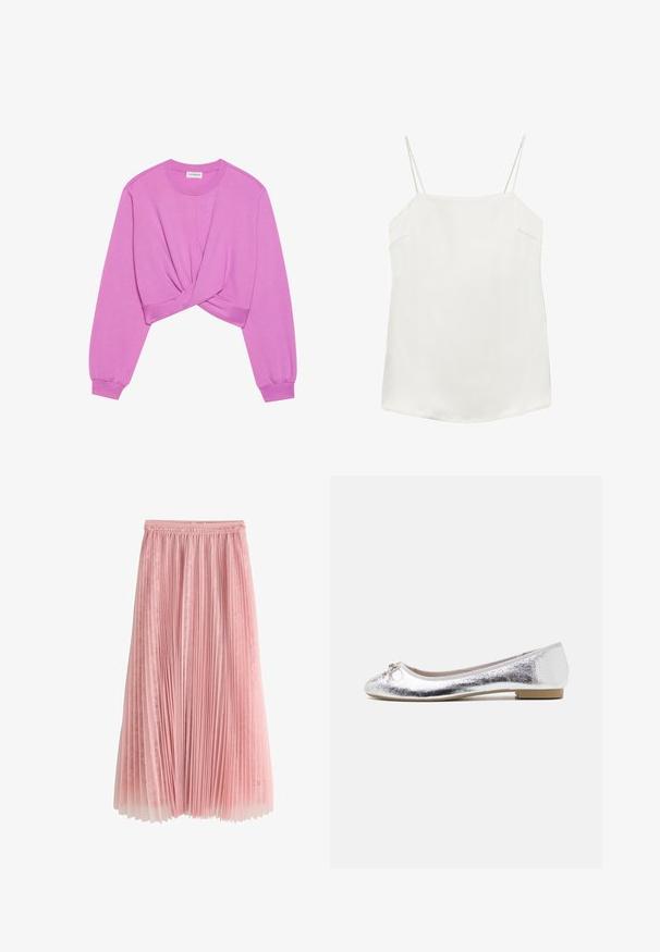 Lilla cropped sweatshirt med en tvistet forside. Har lange ærmer og en rund halsudskæring, fremstillet af et blødt bomuldsblandingsmateriale.; Hvid ærmeløs cami top med tynde spaghetti stropper og en lige halsudskæring, lagt fladt på en hvid baggrund.; Rosa plisseret midi-nederdel med et lag af blonder under og en rynket talje, vist på en hvid baggrund.; Sølv balletflade med metallisk finish, rund tå, sløjfeaccent foran og en lav hæl for ekstra komfort.