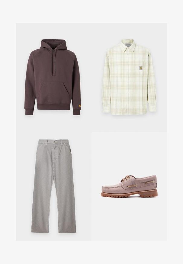 Sweat à capuche en mélange de coton brun foncé. Comprend une poche kangourou à l'avant, des poignets côtelés et un petit logo en accent sur la manche.; Chemise à carreaux de couleur claire avec des manches longues, un devant à boutons et une poche poitrine avec un patch logo. Matière en coton au toucher doux.; Pantalon pour homme à rayures verticales noires et blanches fines, fermeture frontale par boutons, passants pour ceinture et poches latérales.; Chaussure bateau en cuir marron clair avec surpiqûres sur le bout mocassin, lacets en cuir, logo Timberland et semelle en caoutchouc résistante, présentée sur fond blanc.