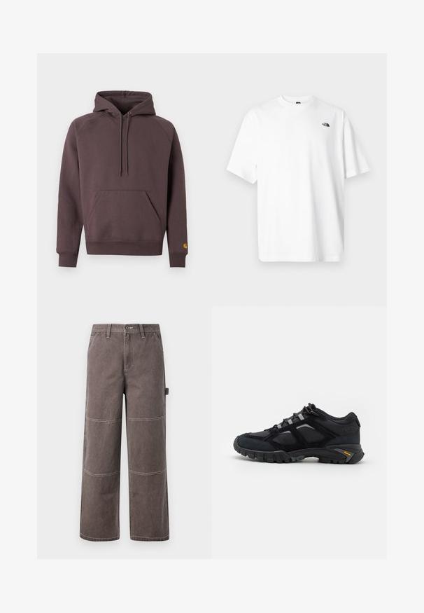 Sweat à capuche en mélange de coton brun foncé. Comprend une poche kangourou à l'avant, des poignets côtelés et un petit logo en accent sur la manche.; T-shirt en coton blanc à manches courtes, col en V, avec un petit logo noir sur le côté supérieur gauche. Texture douce, coupe décontractée.; Pantalons larges de couleur marron délavée, fabriqués en tissu durable avec des coutures contrastées. Présente des détails en panneaux et une poche latérale.; Chaussure extérieure noire en daim et en maille avec une semelle robuste. Présente des accents gris et une marque Vibram sur le côté. Design à lacets.