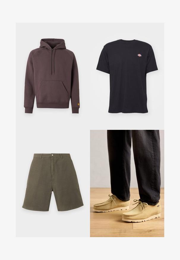 Sweat à capuche en mélange de coton brun foncé. Comprend une poche kangourou à l'avant, des poignets côtelés et un petit logo en accent sur la manche.; T-shirt noir à manches courtes et col rond avec un petit logo Dickies coloré sur la poitrine gauche, sur un fond uni.; Shorts longueur genou vert olive avec passants de ceinture, bouton frontal et fermeture éclair, en tissu robuste.; Des chaussures en suède beige à lacets portées avec un pantalon noir sur un sol en bois, montrant un style décontracté et confortable.