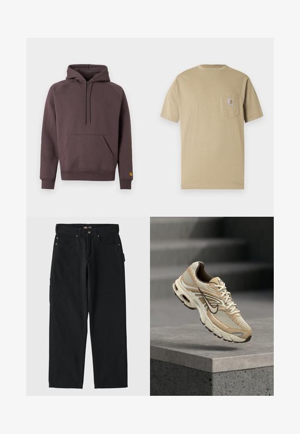 Hættetrøje i mørkebrun bomuldsblanding. Har en frontlomme, ribstrikkede manchetter og et lille logo på ærmet.; Beige t-shirt med korte ærmer lavet af bomuld, med en lomme på venstre bryst med en logo-patch. Klassisk rund halsudskæring med en almindelig pasform.; Sorte bomuldsbukser med lige ben-design, der har to forlommer, en baglomme og guldfarvede hardware-accenter.; Beige og hvid Nike løbesko med mesh paneler og sort swoosh, der svæver over en betonkant med slørede trapper i baggrunden.
