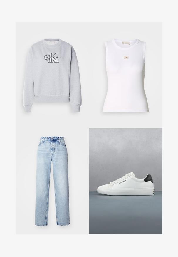Sweatshirt gris avec un col rond et des poignets côtelés, arborant le logo "Calvin Klein" et un graphic "CK" clairement visible sur le devant.; Débardeur blanc côtelé sans manches avec étiquette Calvin Klein Jeans sur la poitrine et étiquette intérieure au niveau du cou.; Jeans taille haute bleu clair avec une coupe ample, mettant en avant des jambes droites, cinq poches et une fermeture classique à boutons et zip.; Sneaker blanche avec une finition lisse, accent noir au talon et design à lacets. Présente le logo "Calvin Klein" sur le côté. Style minimaliste.
