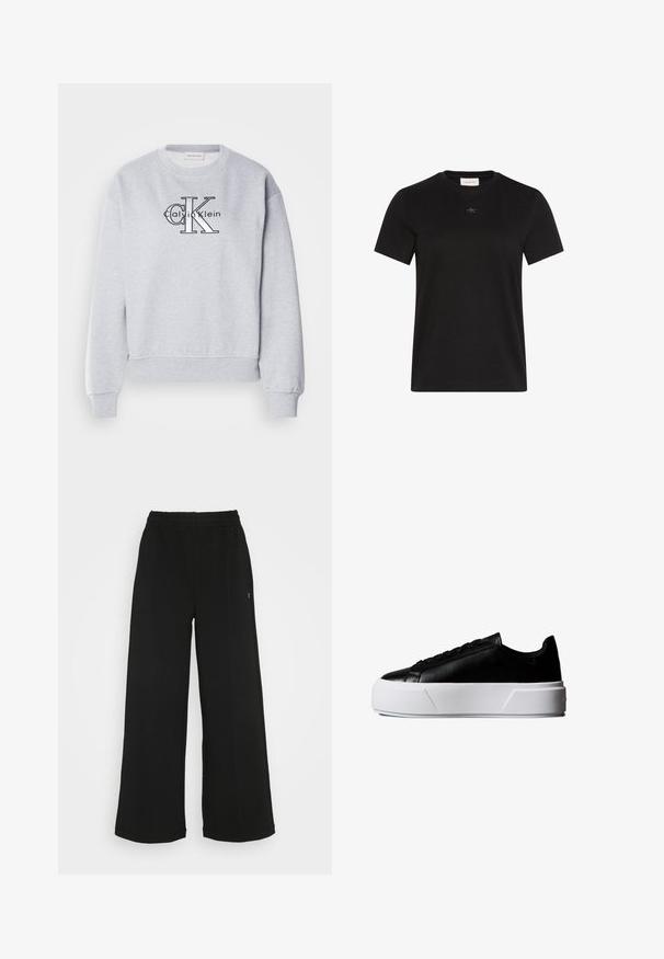 Grauer Sweatshirt mit Rundhalsausschnitt und gerippten Bündchen, mit dem "Calvin Klein"-Logo und der "CK"-Grafik, die prominent auf der Vorderseite angebracht sind.; Schwarzes T-Shirt mit kurzen Ärmeln und Rundhalsausschnitt mit kleinem Calvin Klein Logo, das zentral unterhalb des Halsausschnitts angebracht ist.; Schwarze weit geschnittene Hose mit einem elastischen Bund. Hergestellt aus einem weichen, leichten Material. Mit vertikalen Nähten an der Vorderseite.; Schwarzer Sneaker mit flachem Schnitt, dicker weißer Plateausohle und schwarzen Schnürsenkeln, Seitenansicht vor weißem Hintergrund.