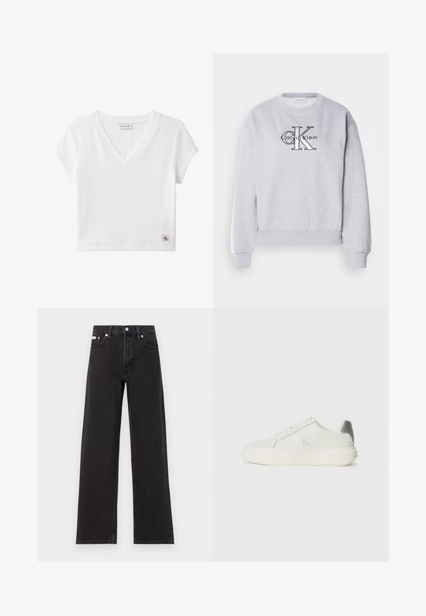 Grå sweatshirt med rund hals og ribbede manchetter, med "Calvin Klein" logoet og "CK" grafik tydeligt vist på forsiden.; Hvid kortærmet ribbet V-hals crop top med Calvin Klein Jeans-mærke ved baghalsen og lille CK-logo på kanten.; Sorte vidde jeans lavet af denim, med høj talje, fem-lomme stil og en metalknap lukning med kontrasterende syninger.; Hvide sneakers lavet af læder med en glat tekstur, forsynet med en sølvaccent på hælen, flad sål og minimalistisk design.