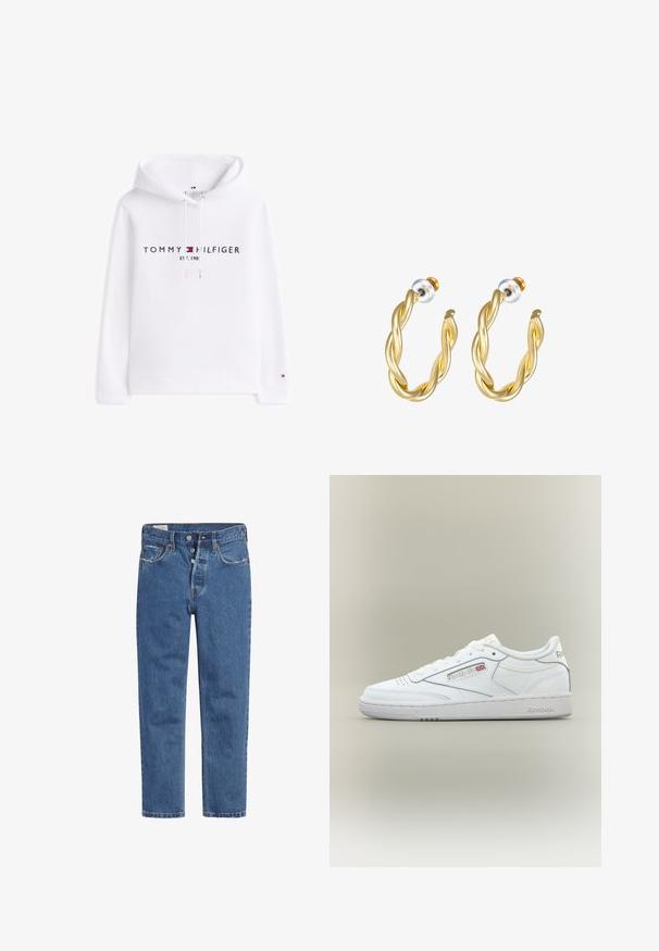 Weißer Hoodie aus weicher Baumwolle, mit einem vorderen Logo "TOMMY HILFIGER" in Navy und Rot, mit Kapuze zum Zuziehen und gerippten Bündchen.; Helle Jeans aus blauem Denim mit hoher Taille, Fünf-Knopf-Verschluss und geradem Bein. Der Stoff hat eine strukturierte, leicht ausgebleichte Optik.; Weißer Reebok Low-Top Sneaker mit Nahtdetails, Perforationen nahe den Zehen und Reebok-Logo mit kleinem Union Jack an der Seite.; Goldene, gedrehte Creolen mit glatter Oberfläche, ausgestattet mit transparentem Rücken und goldfarbenen Beschlägen.