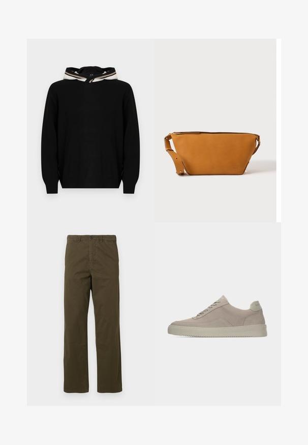 Pull-over noir à capuche, avec une texture lisse et des accents rayés autour du bord de la capuche. Design simple et coupe décontractée.; Pantalons en coton marron pour hommes, coupe droite, avec passants de ceinture, bouton frontal et fermeture éclair sur fond clair.; Baskets en daim beige avec une finition texturée, un bout arrondi et des lacets ton sur ton. Elles présentent une semelle en caoutchouc épaisse et un branding discret sur le talon.; Sac bandoulière en cuir marron clair avec sangle réglable et fermeture éclair, présenté sur un fond clair uni.