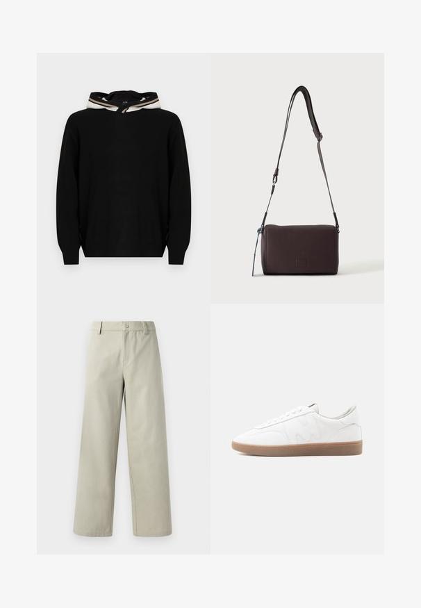 Čierny pulóver so svetrom s kapucňou, s hladkou textúrou a pruhovanými detailmi okolo okraja kapucne. Jednoduchý, pohodlný strih.; Han Kjøbenhavn WIDE LEG - Nohavice - light grey; Biela nízka teniska s podrážkou z gumovej gumy, prešitými detailmi a zaväzovaním na šnúrky na neutrálnom pozadí.; Tmavohnedá kožená crossbody taška s textúrou, nastaviteľným popruhom a malým dekoratívnym modrým prvkom na boku.