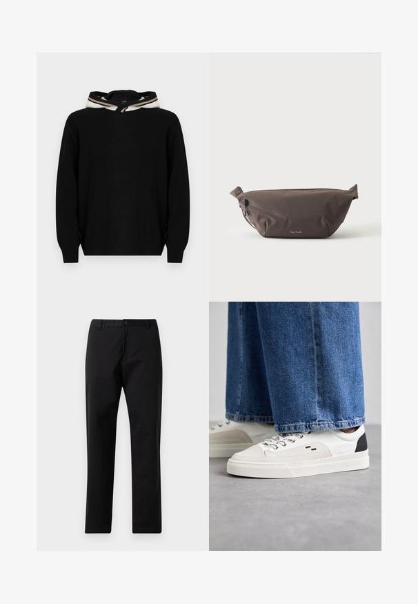 Suéter tipo pulóver negro con capucha, con una textura suave y detalles a rayas alrededor del borde de la capucha. Diseño sencillo y de ajuste relajado.; Pantalones rectos negros con cierre de botón y cremallera, pasadores para cinturón y bolsillos delanteros, exhibidos sobre un fondo blanco.; Zapatillas blancas y negras con una parte superior de cuero suave, acentos texturizados y una suela blanca gruesa. Presenta un diseño clásico de cordones.; Riñonera de tela marrón oscuro con bolsillo diagonal con cremallera y pequeño logo blanco en el frontal, sobre un fondo liso y claro.