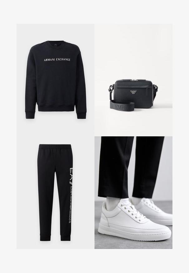 Musterniga musta dressiga, millel on ümar kaelusekujundus, soonikkoes varrukad ja helmed, kus on valge "ARMANI EXCHANGE" logo rinnal.; Mustadest puuvillasegustest dressipükstest, millel on elastne vöökoht, kitsenevad säärte ning ribatsoonidega mansetid ja valge logo trükk külgmisel osal.; Valged nahast tennisetossud, millel on lame kummist tallapool, sile viimistlus, ümar varvas ja metallist silmadega paelte jaoks. Kantud mustade pükstega.; Must musta õlakott, mis on valmistatud tekstuuritud materjalist. Omab tõmbluku sulgemist, esimest tõmblukuga taskut ja metallist logo aktsenti. Kaasas on reguleeritav rihm.