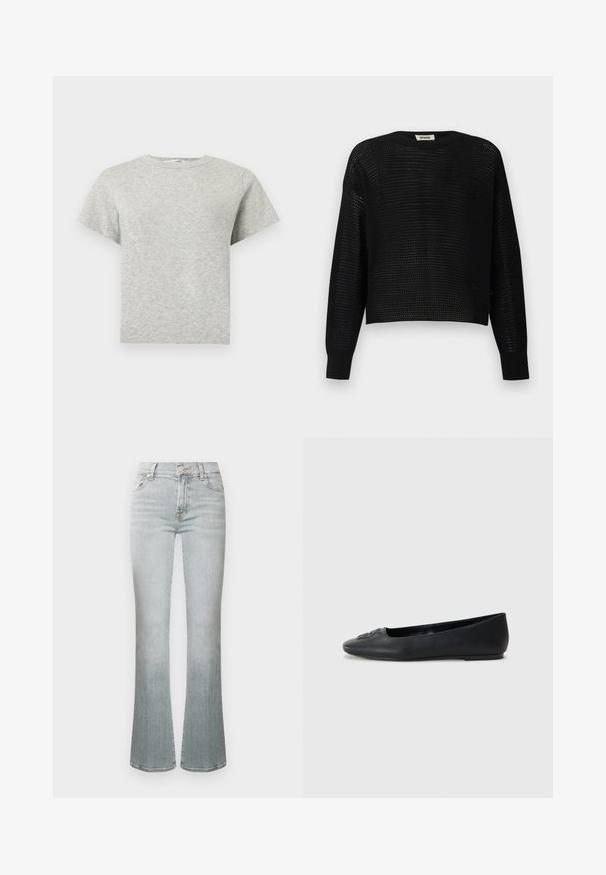 Pull noir à manches longues en maille avec un tissage lâche et ouvert, avec des poignets et un col côtelés, étiqueté DRYKORN.; T-shirt gris clair à manches courtes, col rond, ourlet droit et tissu doux et texturé.; Jean flare bleu clair à taille haute, fabriqué en denim. Comprend une fermeture par bouton, cinq poches, et un délavage subtil pour la texture.; Ballerine en cuir noir avec une texture lisse, bout arrondi et décoration subtile à l'avant. Talon plat et bas.