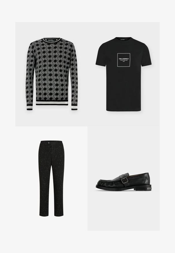 Sort trøje med et geometrisk hvidt mønster, rund hals, lange ærmer og ribstrikkede manchetter og kant med kontrasterende striber.; Sort T-shirt med korte ærmer og rund halsudskæring, med en hvid firkant og teksten "KARL LAGERFELD 21 RUE ST-GUILLAUME PARIS" centreret på brystet.; Sorte skræddersyede bukser med et tekstureret mønster af tynde hvide lodrette linjer, en lige pasform og en knaplukning i taljen.; Sort læderloafer med spænde, syningsdetaljer omkring tåen og en lav hæl med metalaccent.