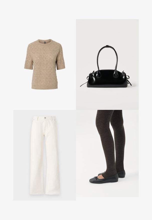 Jersey beige de manga corta con diseño de punto texturizado y estampado, con puños y dobladillo acanalados.; Jeans blancos de pierna ancha fabricados en denim, con cierre frontal de botón, cinco bolsillos y una textura suave sin patrones visibles.; Piernas con leggings oscuros acanalados combinados con bailarinas negras que presentan pequeños detalles de lazo sobre un fondo blanco.; Pequeño bolso negro brillante con dos asas largas y detalles de cordón lateral sobre un fondo claro liso.