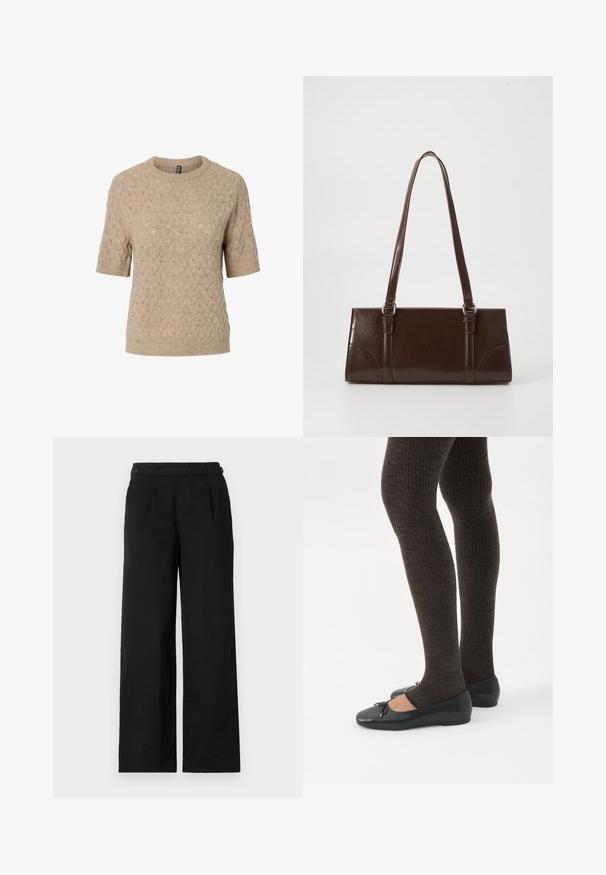 Pull beige à manches courtes avec un design en tricot texturé et à motifs, avec poignets et ourlet côtelés.; Pantalons larges noirs en mélange de coton, avec des plis en façade, deux boutons à la taille et une texture lisse.; Jambes portant des leggings côtelés foncés associés à des ballerines noires avec de petits détails en nœud sur fond blanc.; Sac à main en cuir verni marron de forme rectangulaire, avec deux longues poignées et des accents courbés subtils à l'avant.