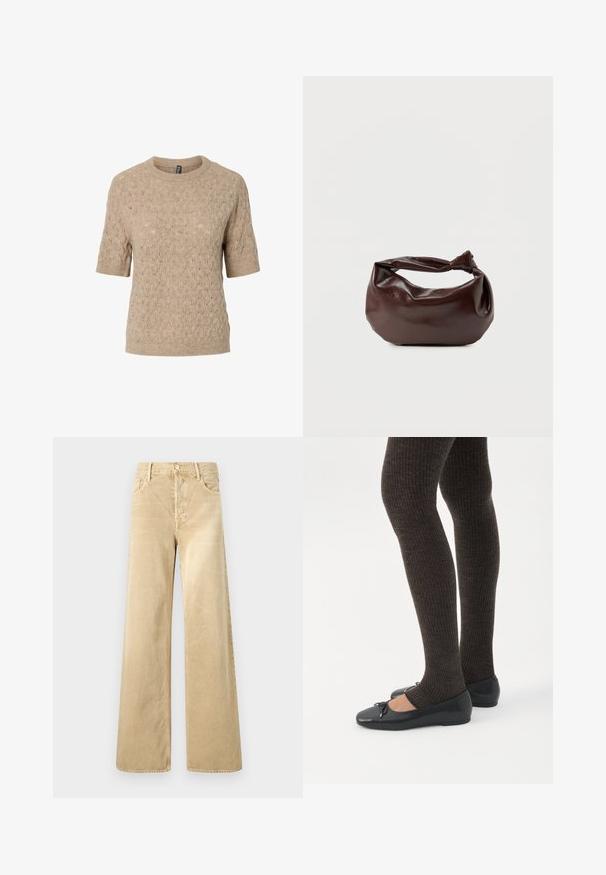 Pull beige à manches courtes avec un design en tricot texturé et à motifs, avec poignets et ourlet côtelés.; Pantalon ample en velours côtelé beige avec une texture lisse, doté d'une fermeture à boutons et d'un design classique à cinq poches.; Jambes portant des leggings côtelés foncés associés à des ballerines noires avec de petits détails en nœud sur fond blanc.; Sac bandoulière en cuir marron foncé avec une forme souple et décontractée et une anse nouée torsadée sur un fond blanc uni.