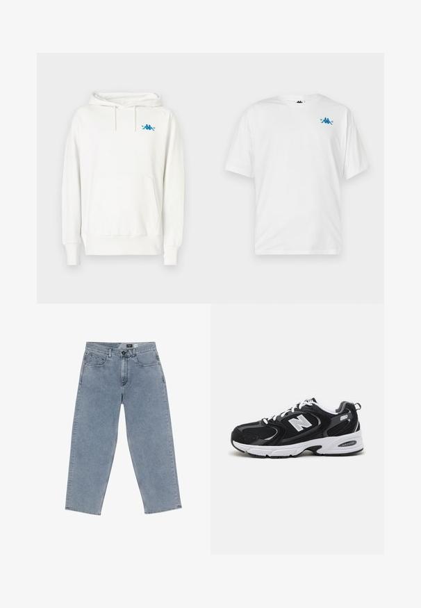 Witte hoodie met een standaard pasvorm, koordjes in de capuchon, kangoeroezak en een blauw Kappa-logo op de linkerkant van de borst, gemaakt van zachte stof.; Witte T-shirt met korte mouwen met een klein blauw logo en de tekst "1967" op de bovenste linkerkant van de borst, weergegeven tegen een effen achtergrond.; Lichtblauwe denim wijde jeans met een knoopsluiting, vijf zakken en recht afgesneden benen. Zachte textuur, minimale vervaging en nette stiksels.; Zwarte en grijze sport schoenen met een bovenwerk van mesh en suede, voorzien van een witte tussenzool, veters en een gedurfde "N"-logo aan de zijkant.