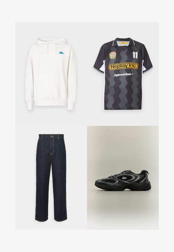 Hvid hoodie med standard pasform, snøre-hætte, kengurulomme og et blåt Kappa-logo på venstre bryst, lavet af blødt stof.; Sort og grå bølget kortærmet fodboldtrøje med hvide sidepaneler, Replay Inc-logo, nummer 11 og klubmærke på brystet.; Bredde ben mørke denim jeans med gul syning, der har en frontlukning med knap og sidelommer. Glat tekstur og traditionelt design.; Sort og grå atletisk sneaker med mesh-paneler, snørebåndsdesign, tyk sål og et lille krokodillelogo på siden.