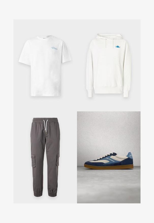 Witte hoodie met een standaard pasvorm, koordjes in de capuchon, kangoeroezak en een blauw Kappa-logo op de linkerkant van de borst, gemaakt van zachte stof.; Witte katoen t-shirt met een ronde hals, korte mouwen en lichtblauwe tekst "THE REGAL" op het linker borstgedeelte.; Pier One RELAXED CARGO - Cargobroek - dark grey; Witte en marineblauwe Karl Lagerfeld sneaker met gestructureerd mesh en een gumzool, zwevend boven een grijze gepolijste vloer met een achtergrond van glazen blokken.