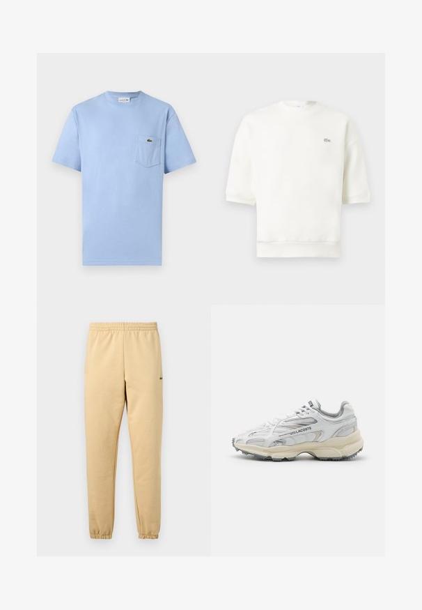 Sweat-shirt blanc à manches courtes avec col rond et petit logo crocodile brodé sur le côté gauche de la poitrine.; T-shirt bleu clair à manches courtes avec une poche avant ornée d'un petit logo crocodile vert Lacoste.; Pantalon de jogging beige avec taille élastique et poignets, arborant un petit logo crocodile vert brodé sur la cuisse droite.; Baskets de sport blanches avec des accents gris, tige en maille et synthétique, design à lacets et semelle en caoutchouc texturée avec motifs de traction.