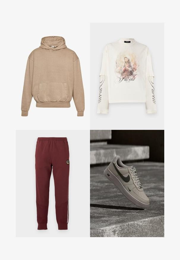Beige hoodie gemaakt van gestructureerde stof met een voorzak, ribgebreide manchetten en zoom. Heeft een capuchon met trekkoord en een losse pasvorm.; Wit overhemd met lange mouwen en gelaagde mouwen, met een illustratie van een biddende vrouw en de tekst "Favela" op de voorkant en mouw.; Bordeauxrode trainingsbroek met een hexagonaal Nike-logo, elastische tailleband, twee zijzakken en witte zijkanten. Geweven stof met een tapered leg ontwerp.; Beige Nike Air Force 1 sneaker met donkergroen swoosh-logo, zwevend boven getextureerde betonnen treden in gedempt licht.