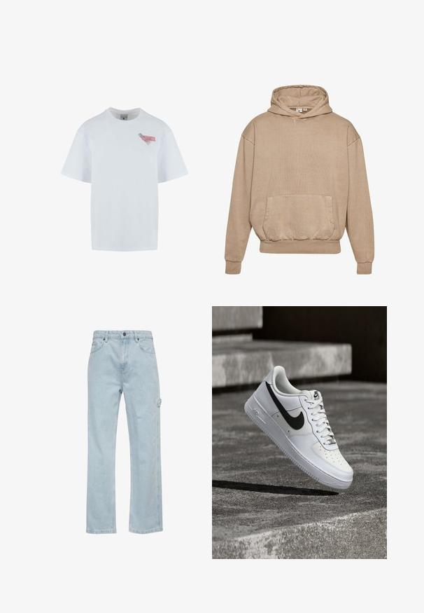 Beige hoodie gemaakt van gestructureerde stof met een voorzak, ribgebreide manchetten en zoom. Heeft een capuchon met trekkoord en een losse pasvorm.; Witte katoenen t-shirt met een ronde hals, korte mouwen en een kleurrijke graphics patch op de linkerborst met tekst en patronen.; Lichtblauwe denim jeans met een straight-leg ontwerp, voorzien van voor- en achterzakken en een zij cargozak. Gladde textuur, casual stijl.; Witte Nike Air Force 1 sneaker met zwarte swoosh, veters gestrikt, zwevend in de lucht boven een gestructureerd betonnen oppervlak buiten.