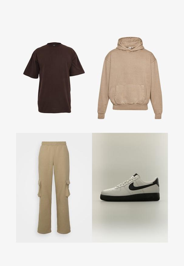 Beige Kapuzenpullover aus strukturierter Stoff mit einer Fronttasche, gerippten Bündchen und Saum. Verfügt über einen Kordelzug in der Kapuze und einen lockeren Schnitt.; Braunes Baumwoll-T-Shirt mit kurzen Ärmeln, Rundhalsausschnitt und lockerer Passform. Glatte Textur ohne sichtbare Muster oder Akzente.; Sean John SCRIPT LOGO PEACHED SLIT - Cargohose - beige; Niedriger weißer Sneaker mit schwarzem Nike-Swoosh, schwarzem Fersenlasche und dicker schwarzer Sohle auf neutralem Hintergrund.