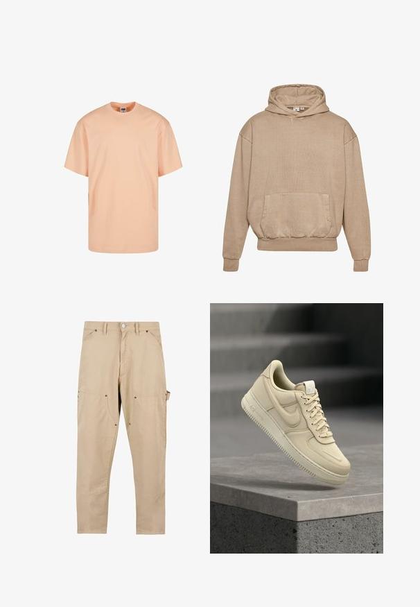 Sudadera beige hecha de tejido texturizado con un bolsillo frontal, puños y dobladillo acanalados. Presenta una capucha con cordón y un ajuste holgado.; Camiseta corta de manga corta en melocotón claro, hecha de algodón. Presenta un escote redondo y un corte relajado. Textura suave sin patrones ni gráficos.; Pantalones cargo beige de algodón. Presentan múltiples bolsillos, corte recto, y cierre de botón con detalles de herrajes metálicos.; Zapatilla Nike Air Force 1 beige flotando sobre un saliente de hormigón gris con un fondo de escaleras desenfocado.