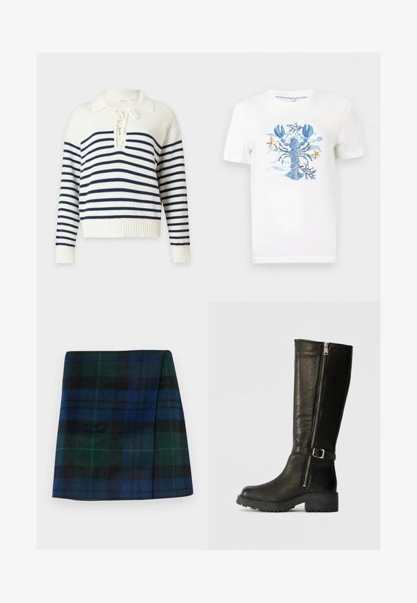 Pull en maille blanc avec des rayures horizontales bleu marine, manches longues, un ourlet côtelé et un col lacé avec un col replié.; T-shirt blanc à manches courtes avec un homard bleu, des algues et deux petites étoiles de mer imprimés au centre devant.; Jupe à carreaux aux couleurs vert foncé, bleu et noir, avec une coupe droite et une texture douce, accompagnée d'une forme structurée.; Bottes en cuir noir, montantes, avec une fermeture éclair sur le côté, un accent de boucle et une semelle épaisse. Présente une texture lisse et une construction durable.
