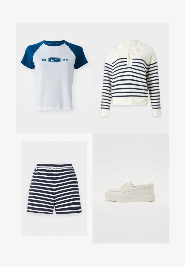 Hvid strikket sweater med marineblå vandrette striber, lange ærmer, ribbet kant og en snørelukning med en foldet krave.; Hvid bomuld t-shirt med blå raglanærmer, med et centralt logo og "1972" trykt nedenunder i blå. Korte ærmer og rund halsudskæring.; Marineblå og hvide vandrette stripede shorts med elastisk taljebånd, afslappet pasform med lige kant.; Hvide læderslyngesko med en rund tå, minimal syning og en tyk hvid gummisål. Har sideskud til snøring.