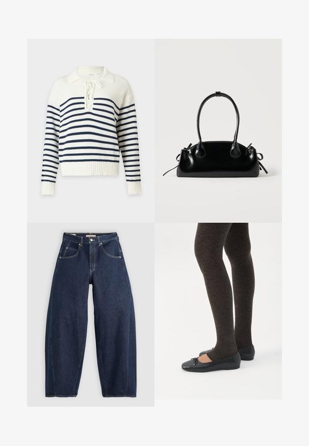 Witte gebreide trui met donkerblauwe horizontale strepen, lange mouwen, een geribbelde zoom en een vetersluiting met een omgeslagen kraag.; Donkerblauwe denim jeans met een losse fit, lichte stiksels, vijf zakken en een knoopsluiting op de taille.; Benen met donkere geribbelde leggings gecombineerd met zwarte ballerina's met kleine strikdetails op een witte achtergrond.; Kleine zwarte glanzende handtas met twee lange hengsels en zijkant trekkoord details op een effen lichte achtergrond.
