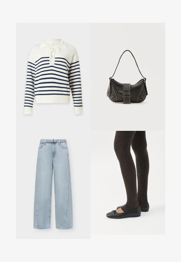 Pull en maille blanc avec des rayures horizontales bleu marine, manches longues, un ourlet côtelé et un col lacé avec un col replié.; Jean en denim bleu clair à jambes larges, taille haute, passants de ceinture, poches avant et ourlet brut.; Jambes portant des leggings côtelés foncés associés à des ballerines noires avec de petits détails en nœud sur fond blanc.; Sac à épaule en cuir noir avec une sangle à boucle, des bords arrondis et des coutures blanches contrastées sur un fond uni.