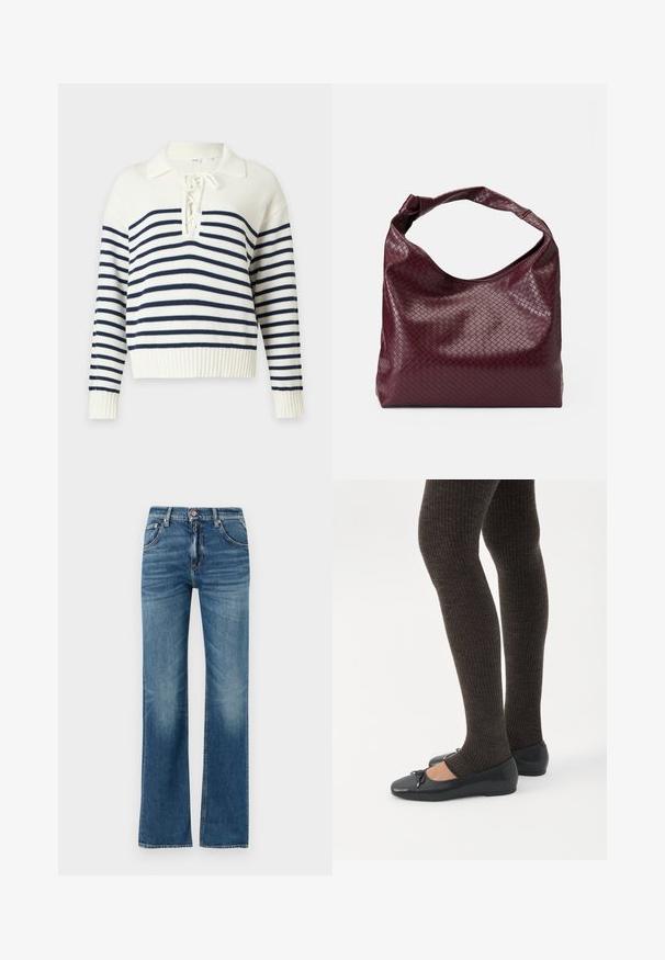 Witte gebreide trui met donkerblauwe horizontale strepen, lange mouwen, een geribbelde zoom en een vetersluiting met een omgeslagen kraag.; Lichtblauwe denim jeans met hoge taille, uitlopende pijpen en subtiele slijtplekken, met vijf zakken en een knoopsluiting.; Benen met donkere geribbelde leggings gecombineerd met zwarte ballerina's met kleine strikdetails op een witte achtergrond.; Bordeauxrode tas met een gestructureerd, geweven patroon, zacht leermateriaal en een enkele, geknoopte handgreep. Ruim, hobo-stijl ontwerp.