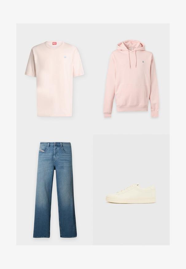 Sweat à capuche rose clair avec poche avant, cordons, poignets côtelés et petit logo bleu "II" sur la poitrine gauche.; T-shirt rose clair à manches courtes et col rond avec petit logo Diesel bleu sur la poitrine et étiquette Diesel rouge à l'intérieur du col.; Jean en denim bleu clair avec une coupe droite, un design à cinq poches et un effet de décoloration subtil. Comprend une fermeture par bouton et fermeture éclair.; Baskets couleur crème avec une tige en cuir lisse, bout arrondi, laçage à l'avant et semelle en caoutchouc texturée. Design minimaliste, sans logo.