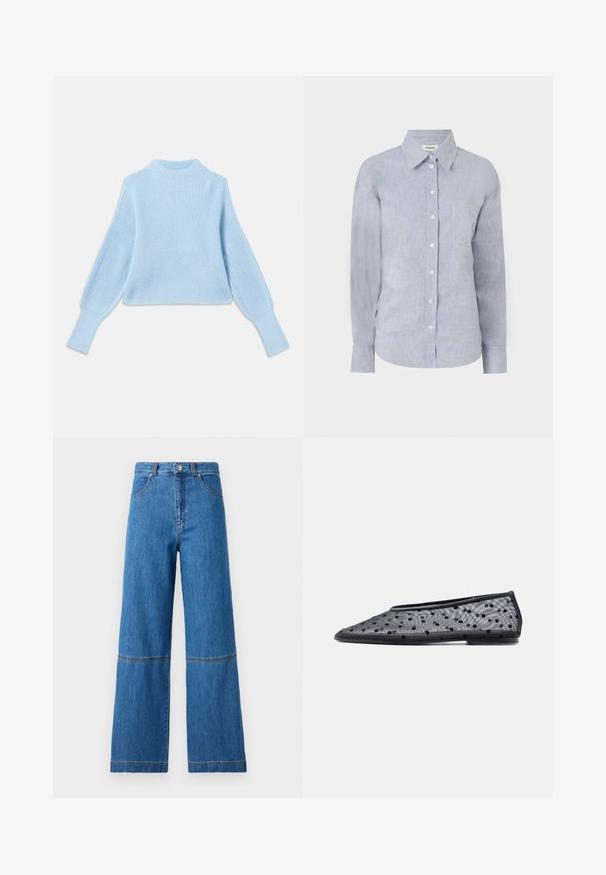 Lys blå strikket sweater med høj hals, ribbenstruktur og ballonærmer, som har tætsiddende manchetter og et cropped design.; Lys blå skjorte med knapper i et tekstureret stof, med klassisk krave, lange ærmer og en enkelt brystlomme.; Bredde ben jeans i blå denim med høj talje, der har dobbelt stikning ved knæene og en tekstureret stofoverflade.; Sort flad sko med spids tå, tyndt stof og sort polkaprikket mønster på en lys baggrund.