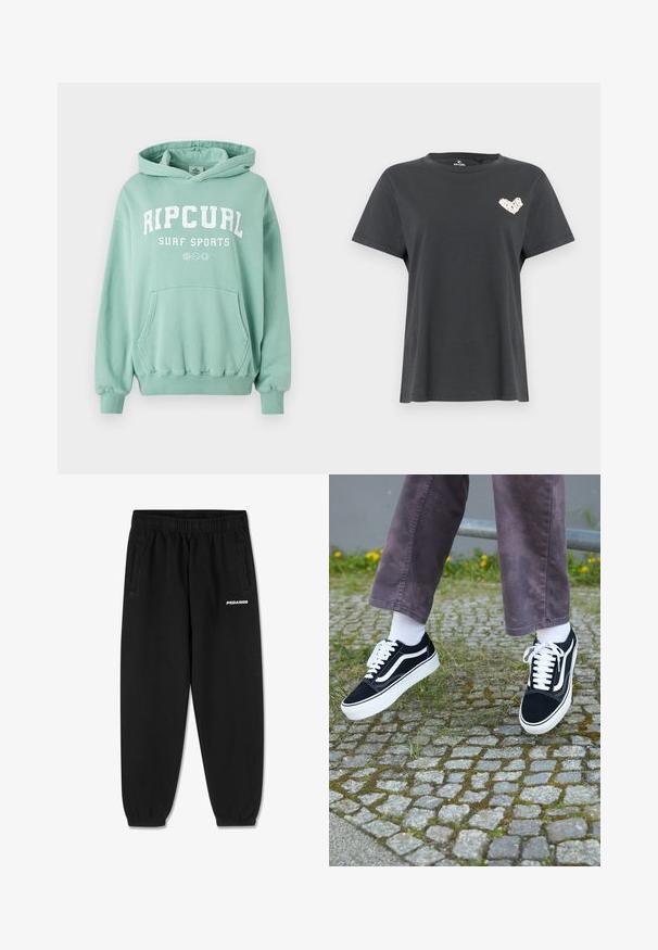 Mintgrøn hættetrøje lavet af blødt stof. Har en kengurupose, hætte med snøre og fronttekstlogoet "RIP CURL SURF SPORTS." Ribbet manchetter.; Sort kortærmet T-shirt med rund hals og lille hvidt hjerteformet motiv på venstre bryst.; Sorte sweatpants lavet af blødt stof, med snoretræk i taljen, tætsiddende ben og sidelommer. "PEGADOR" logo i hvid på fronten.; Sorte ruskinds sneakers med hvide accenter, med rund tå, tyk hvid sål og klassisk snørebåndsdesign, båret med hvide sokker og lilla bukser.