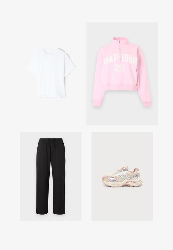 Lyserød kvart-lynlås sweatshirt med "GAP 1969" og et hjerteemblem trykt i hvidt foran, med lange ærmer og krave med ståkrave.; Enkelt hvid bomulds T-shirt med korte ærmer og rund hals, vist fladt på en hvid baggrund.; Løse sorte bukser med elastisk talje og snøre foran, lige ben design, ingen synlige lommer eller mønstre.; Beige og lyserød sneaker med sølvdetaljer og snøredetaljer på siden og hælen, vist i profil på en ensfarvet lys baggrund.