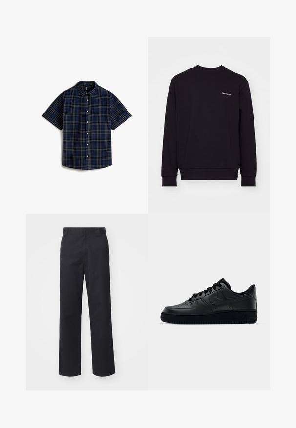 Sort sweatshirt lavet af blødt materiale med rund hals, lange ærmer og ribbede manchetter. Har et lille hvidt logo på brystet.; Vans LAWSON - Skjorter - medium blue; Sorte lige benbukser lavet af bomuldsblandet stof. Har en flad frontbetræk med bæltesløjfer og ingen synlig hardware eller udsmykninger.; Sort Nike Air Force 1 sneaker med en glat læderoverdel, perforeret tå for åndbarhed, sorte snørebånd og en textured gummisål.
