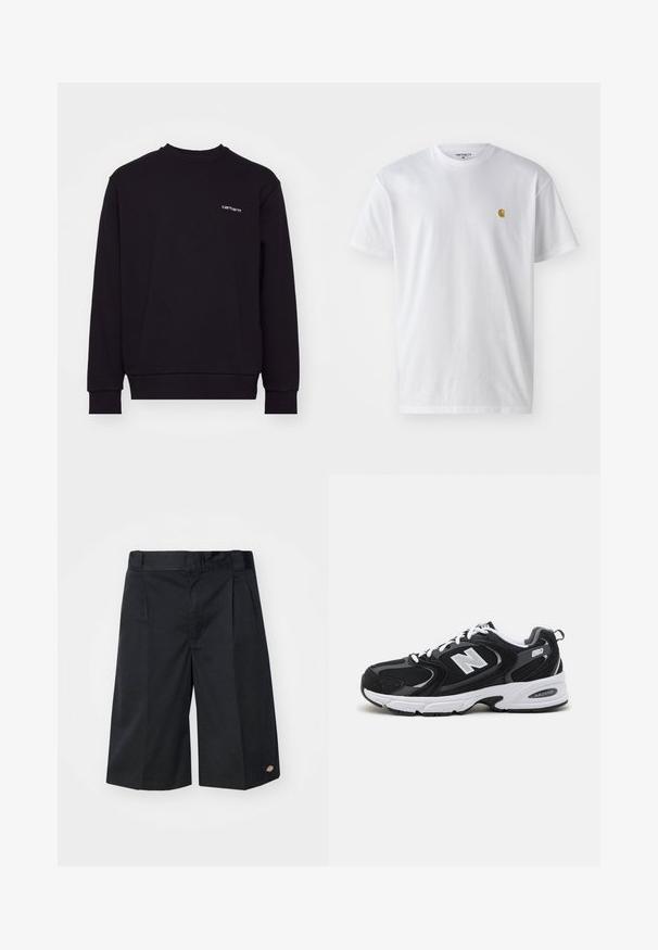 Schwarzes Sweatshirt aus weichem Material mit Rundhalsausschnitt, langen Ärmeln und gerippten Bündchen. Verfügt über ein kleines weißes Logo auf der Brust.; Weißes Baumwoll-T-Shirt mit kurzen Ärmeln, Rundhalsausschnitt, mit einem kleinen goldenen Logo im linken Brustbereich. Weicher Stoff und normale Passform.; Schwarze Shorts mit maßgeschneidertem Design, mit flachen Vorderfalten, einem standardmäßigen Bund und Seitentaschen. Hergestellt aus robustem Stoff.; Schwarze und graue Sportschuhe mit Obermaterial aus Mesh und Wildleder, ausgestattet mit einer weißen Zwischensohle, Schnürsenkeln und einem markanten "N"-Logo an der Seite.