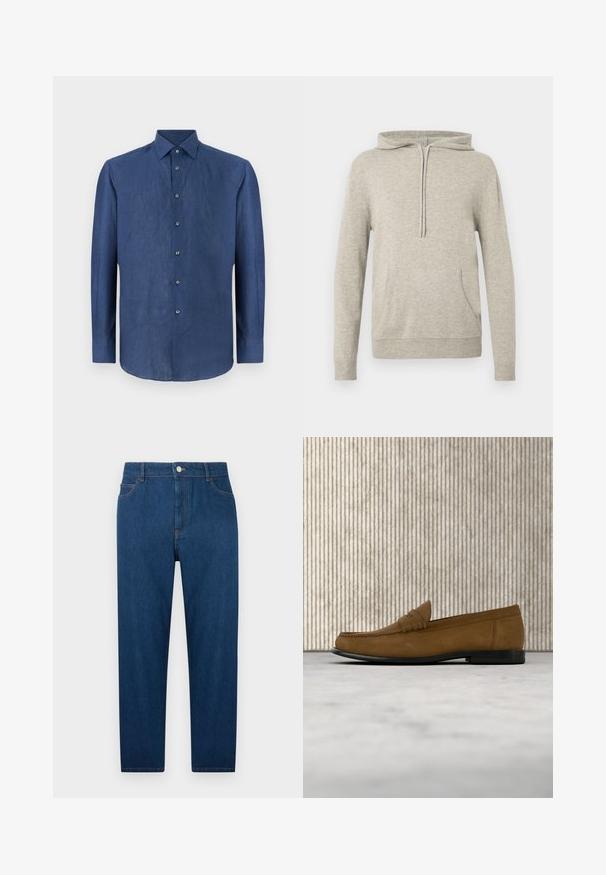 Lys grå hættetrøje med snøre, forlommer, ribbet kant og søm. Fremstillet af et blødt, struktureret stof. Enkel design uden mønstre.; Mørkeblå langærmet skjorte lavet af et let tekstureret stof. Har en klassisk krave og seks knapper foran.; Mørkeblå denimjeans med lige ben, frontknap og lynlås, fem-lomme design og synlige syninger ved talje og lommer.; Brun mokkalær loafer med sort sål, der svæver over en lys beige tæppe, ved siden af en rund, blank brun bordfod.