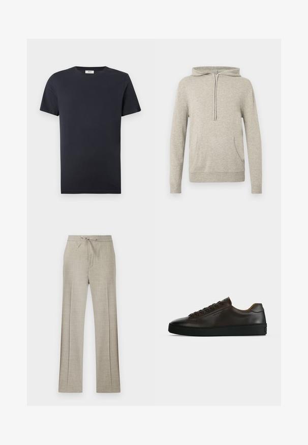 Haut à capuche gris clair avec cordon de serrage, poche frontale, poignets et ourlet côtelés. Fabriqué à partir d'un tissu doux et texturé. Design simple, sans motifs.; T-shirt noir uni à manches courtes et col rond, avec une petite étiquette blanche à l'intérieur du col, sur fond blanc.; Pantalon beige en mélange de lin avec fines rayures blanches discrètes, taille à cordon et jambes droites.; Baskets basses en cuir marron foncé avec semelle en caoutchouc noire, lacets à l'avant et design minimaliste épuré sur fond clair.